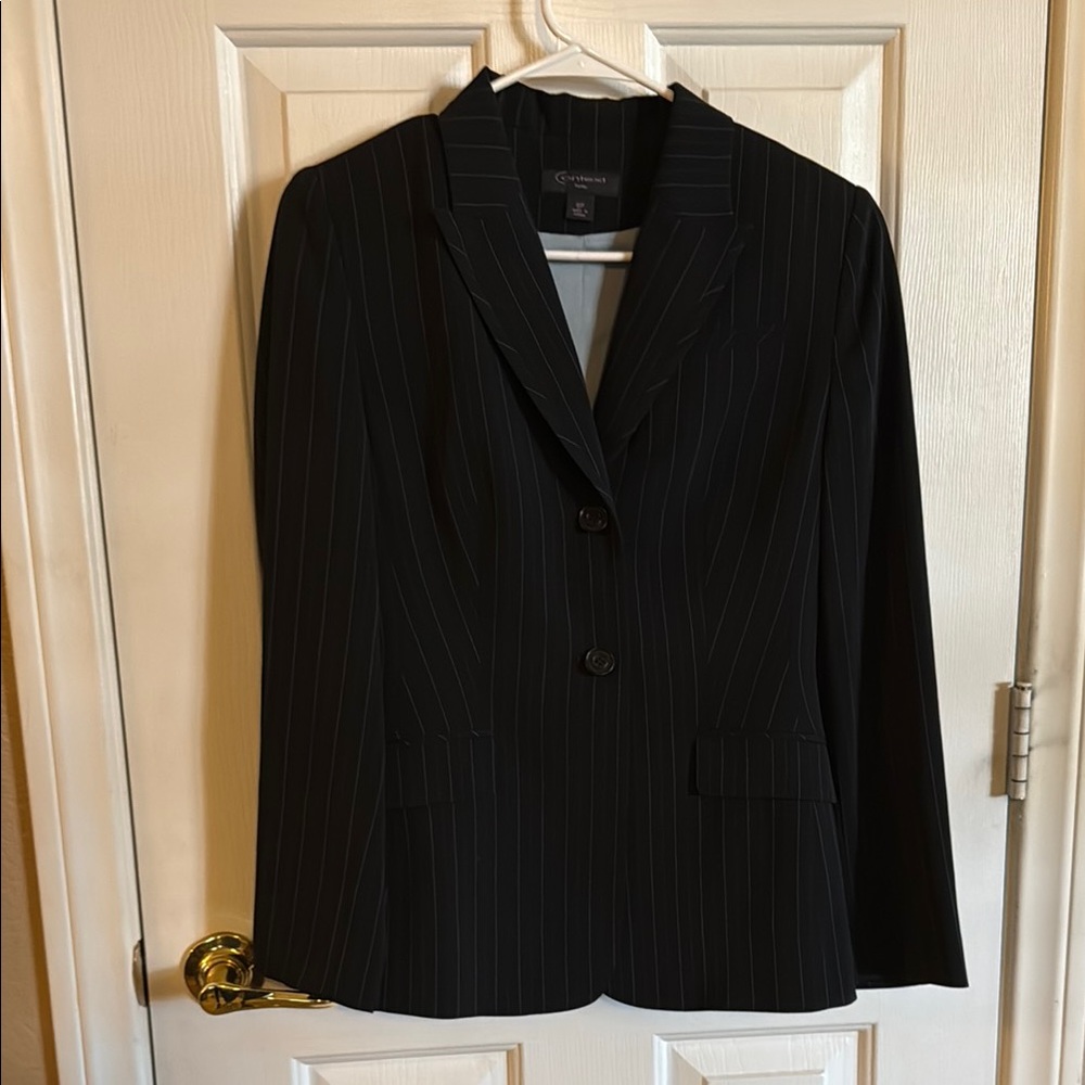 Context Blue Pinstripe pant suit. Large cuffed pants. 2 button front. (2)